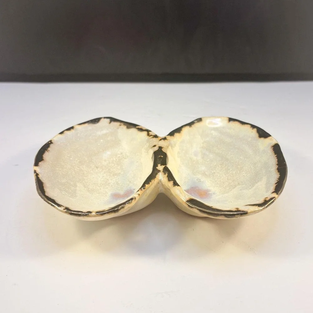 Iridescent Ceramic Clam Shell Style Divided Trinket Dish Decorative Bowl Trinket